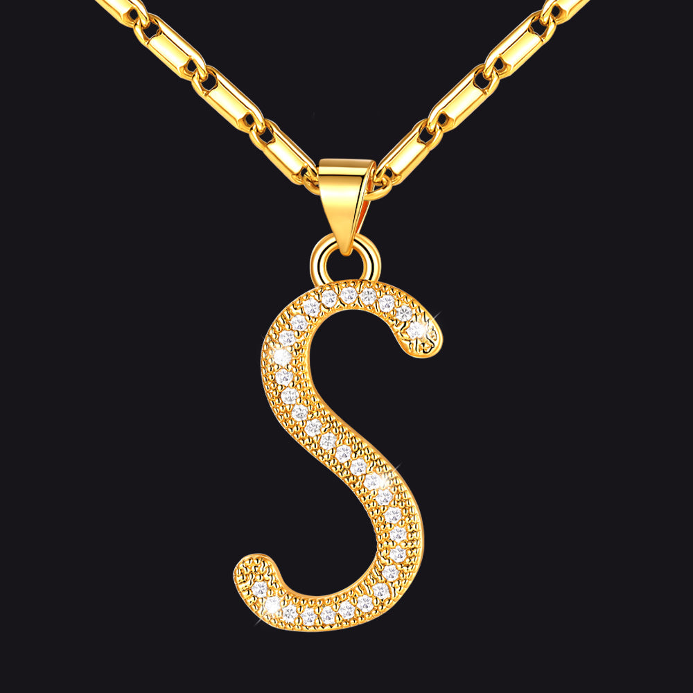 Gold letter S initial necklace with CZ crystals for women