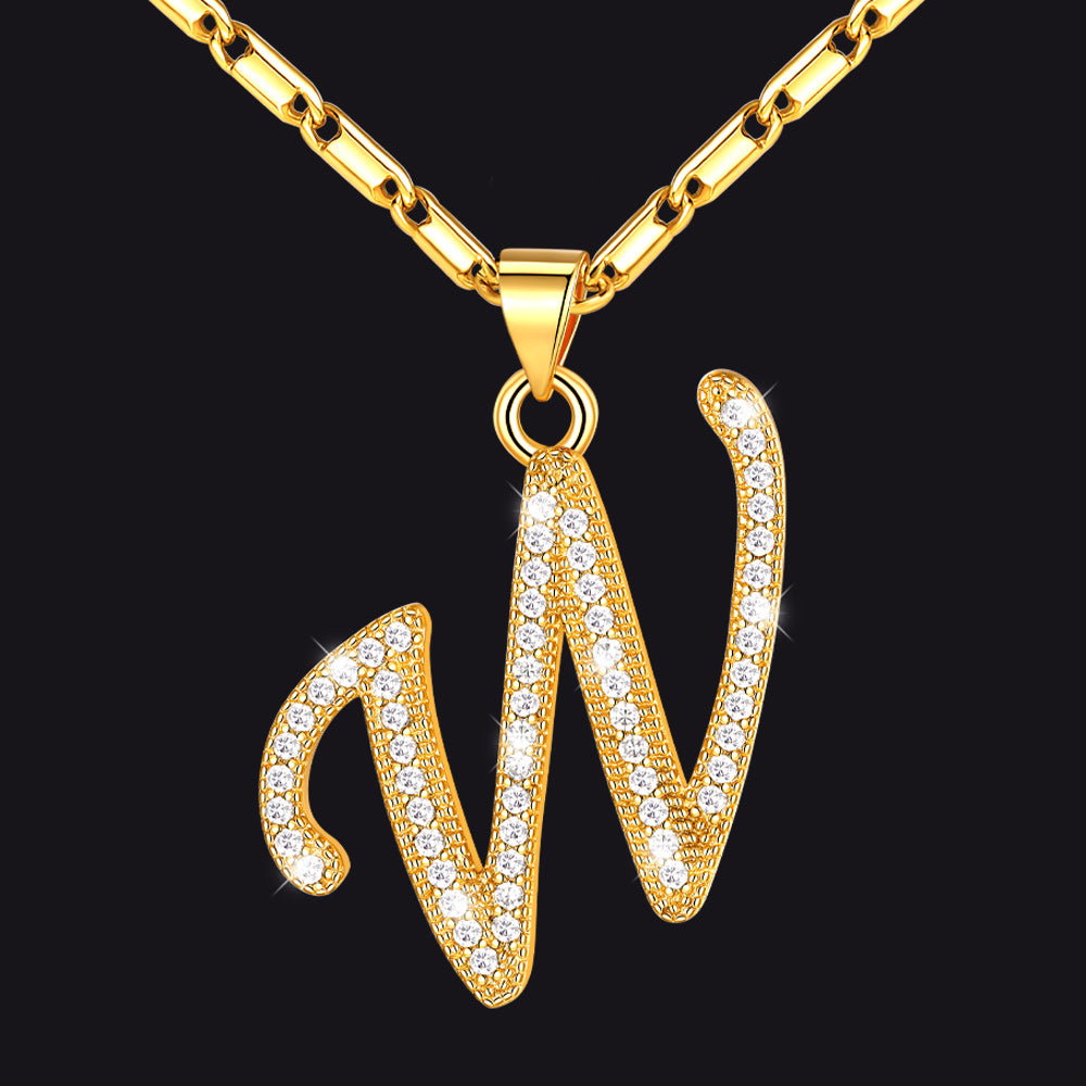 Gold letter W initial necklace with CZ crystals for women