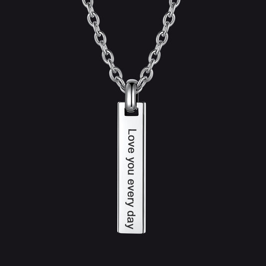 Minimalism engraved text bar necklace in steel front viewimg