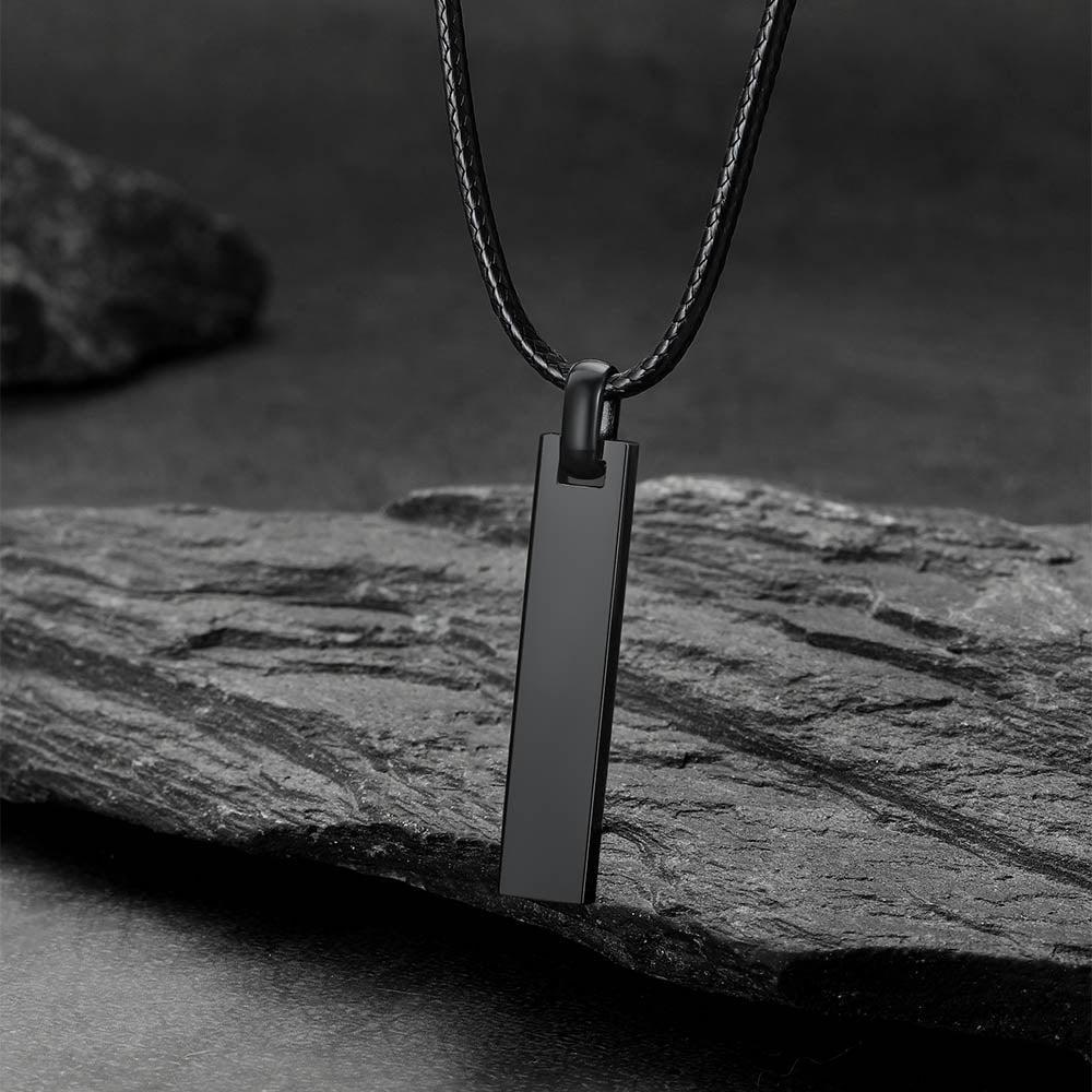 Black Engraved Bar Braided Leather Necklace display
