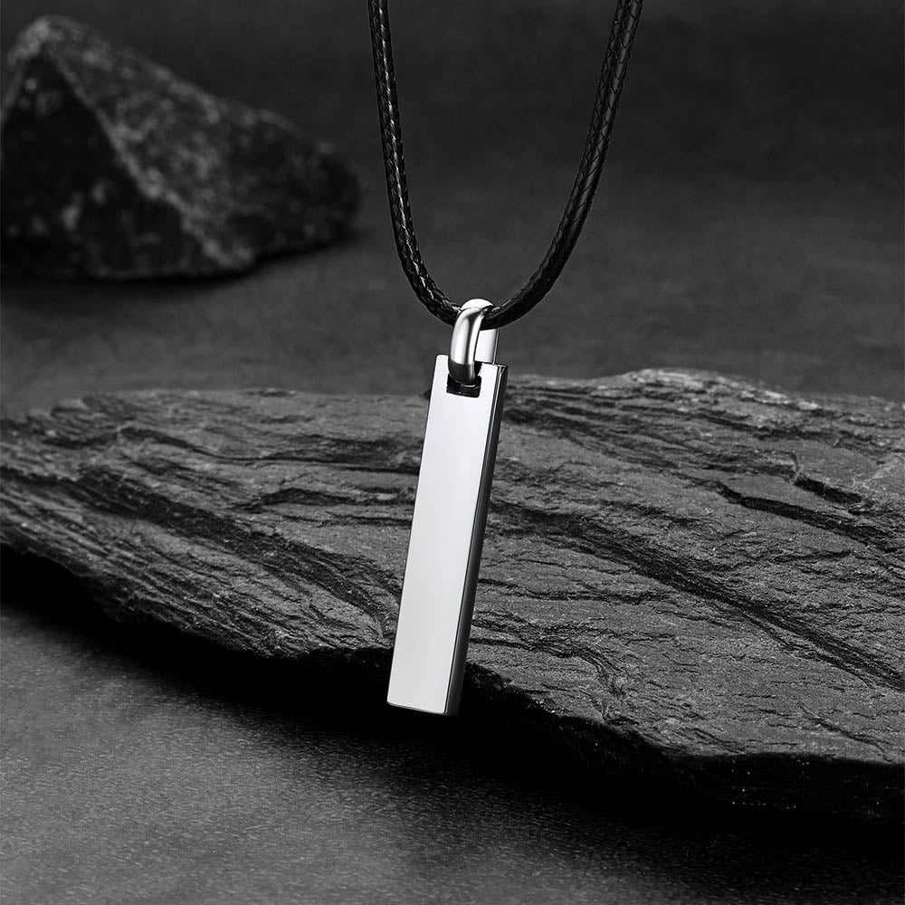 Steel Engraved Bar Braided Leather Necklace