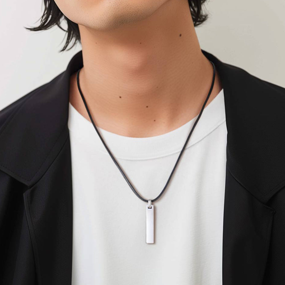 Steel Engraved Bar Braided Leather Necklace worn by male model