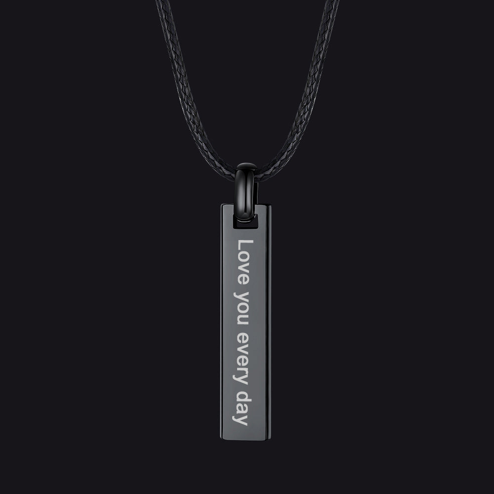 Engraved Bar Braided Leather Necklace for Men Women Black
