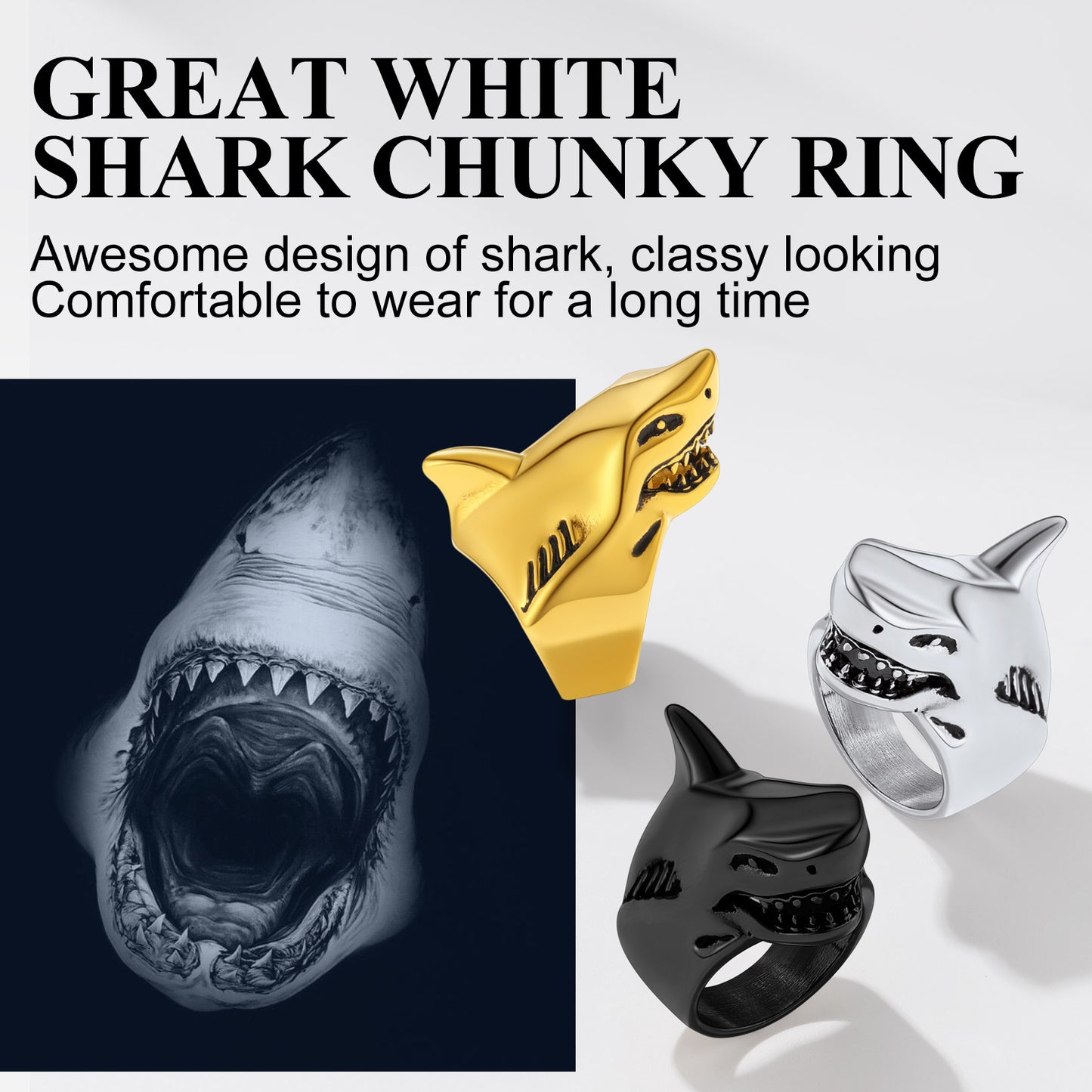 Gothic shark rings in black, steel, and gold displayed