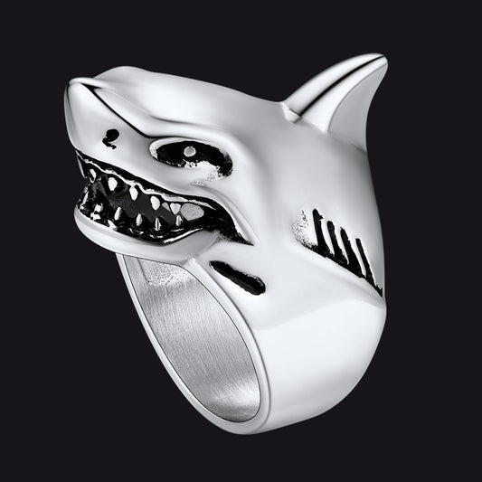 Silver-tone shark design ring with Gothic edge and bold faceimg