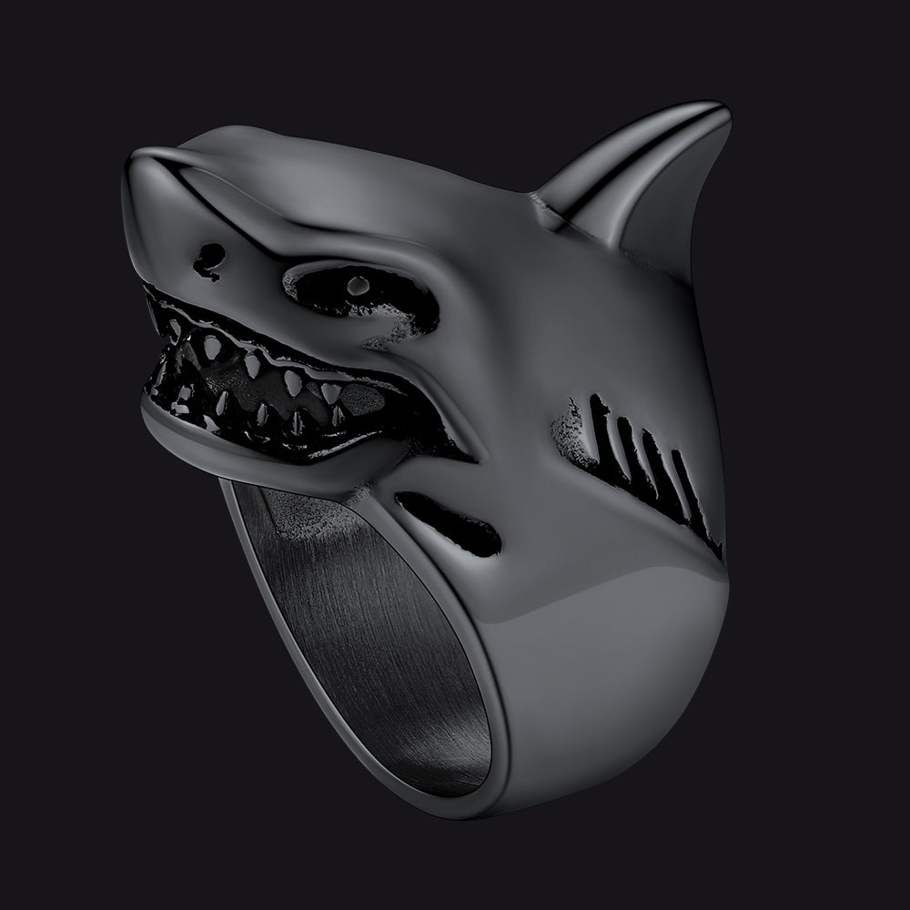 Black Gothic shark signet ring in stainless steel for men and women