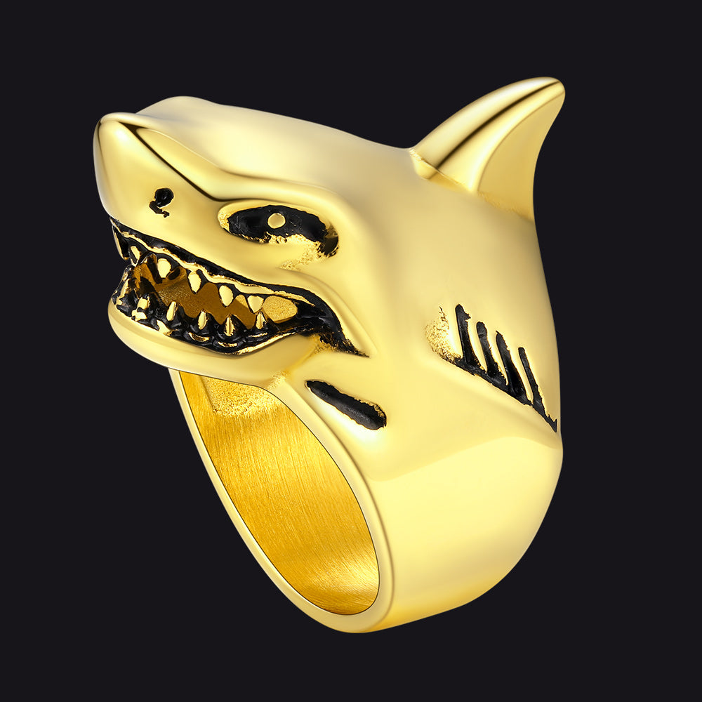 Gold shark signet ring with fierce engraving and polished finish