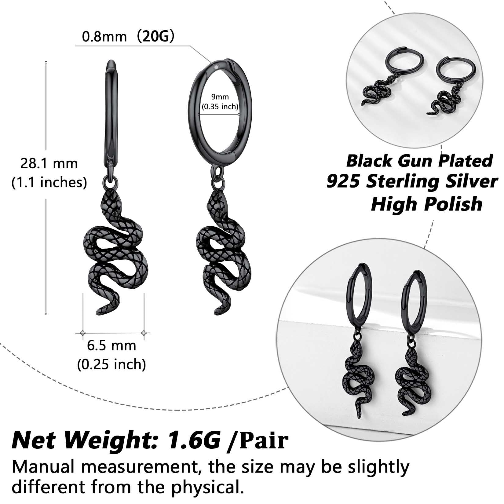 Black Sterling Silver Snake Dangle Hoop Earrings with Measurements