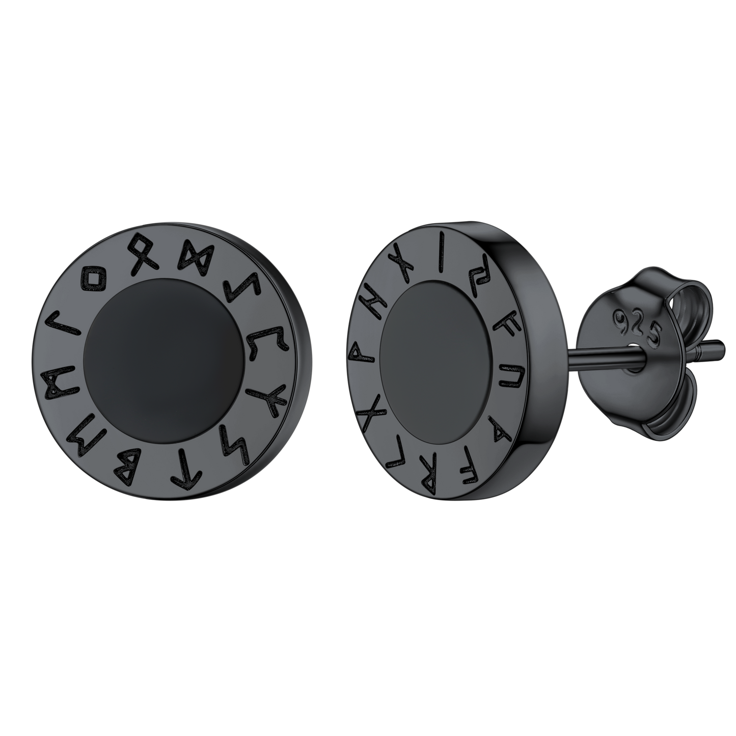 Men's Black Onyx Stud Earrings with Viking Runes - 925 Sterling Silver