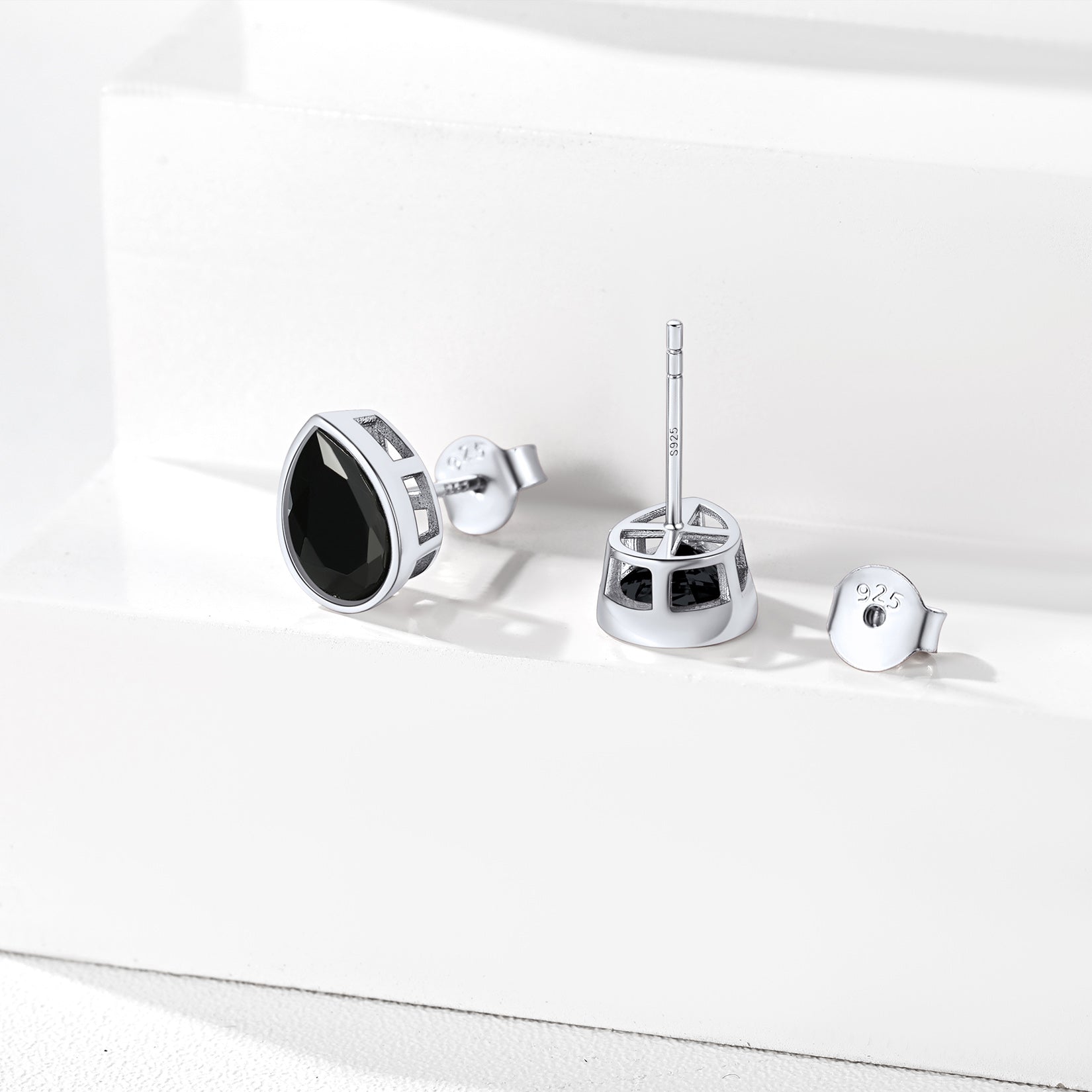 Black Cubic Zirconia Stud Earrings. 925 Silver, elegant design.