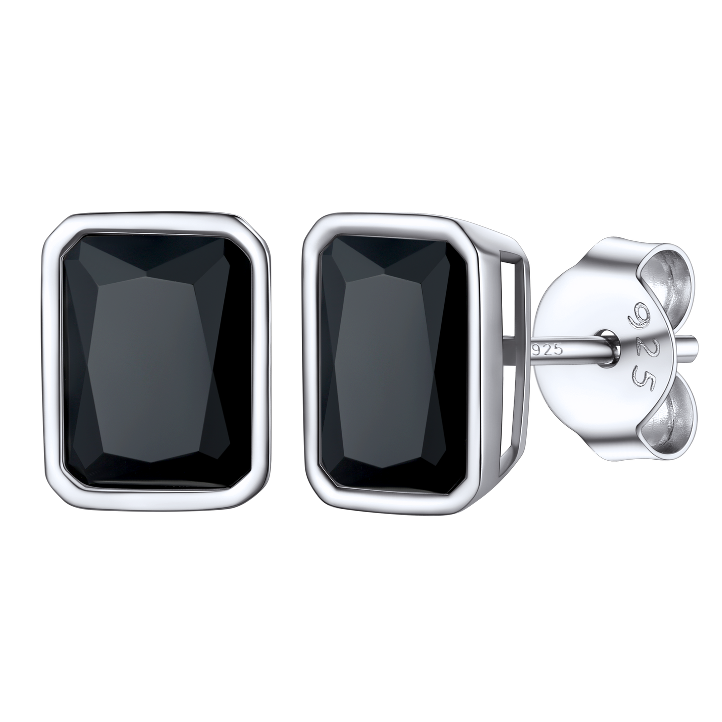 Sterling silver rectangle stud earrings with black CZ stones