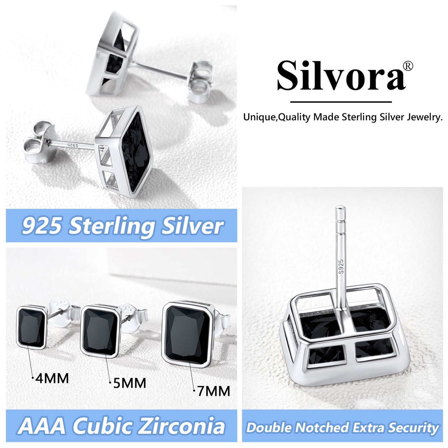 Sterling silver stud earrings with black cubic zirconia, Silvora jewelry