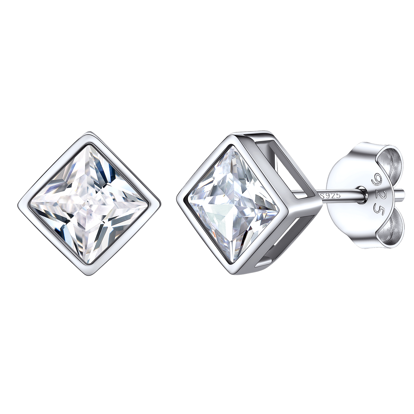 Sterling Silver Square Stud Earrings with CZ Stone