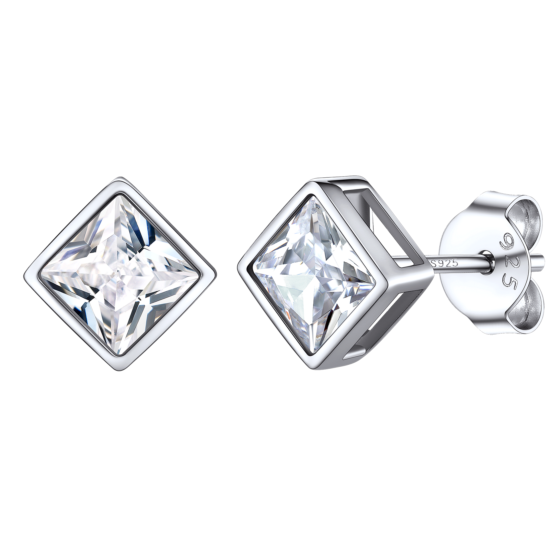 Sterling Silver Square Stud Earrings with CZ Stone