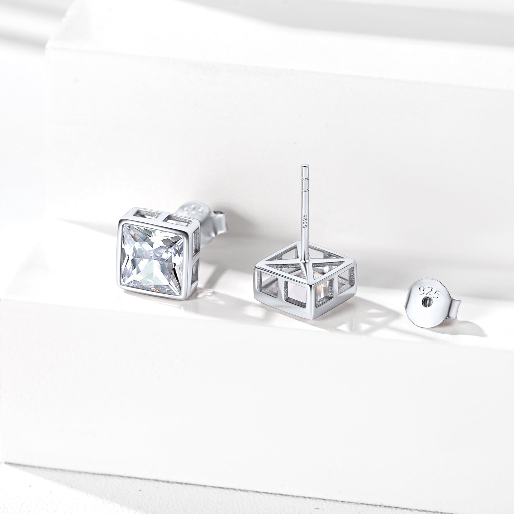925 Sterling Silver Square Stud Earrings with CZ stone and butterfly back