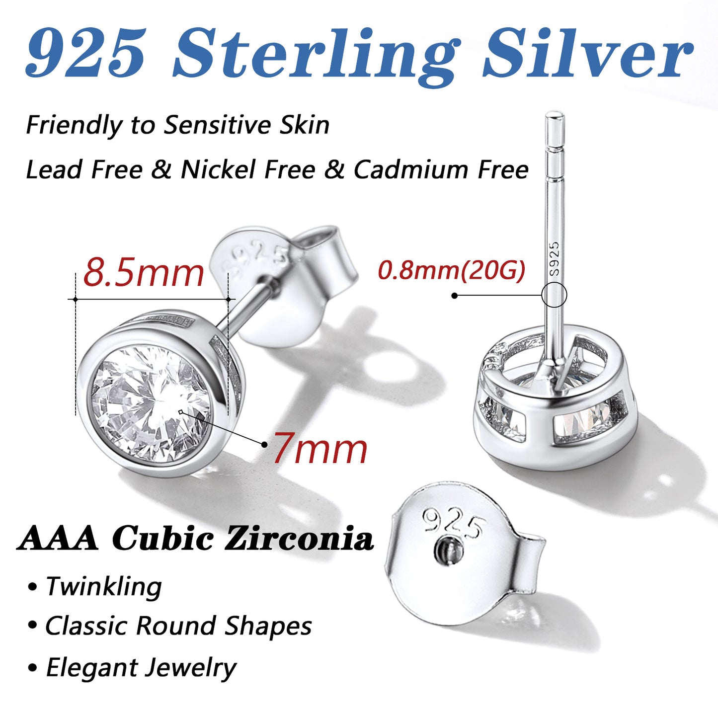 925 Sterling Silver Cubic Zirconia Stud Earrings, 7mm, Hypoallergenic