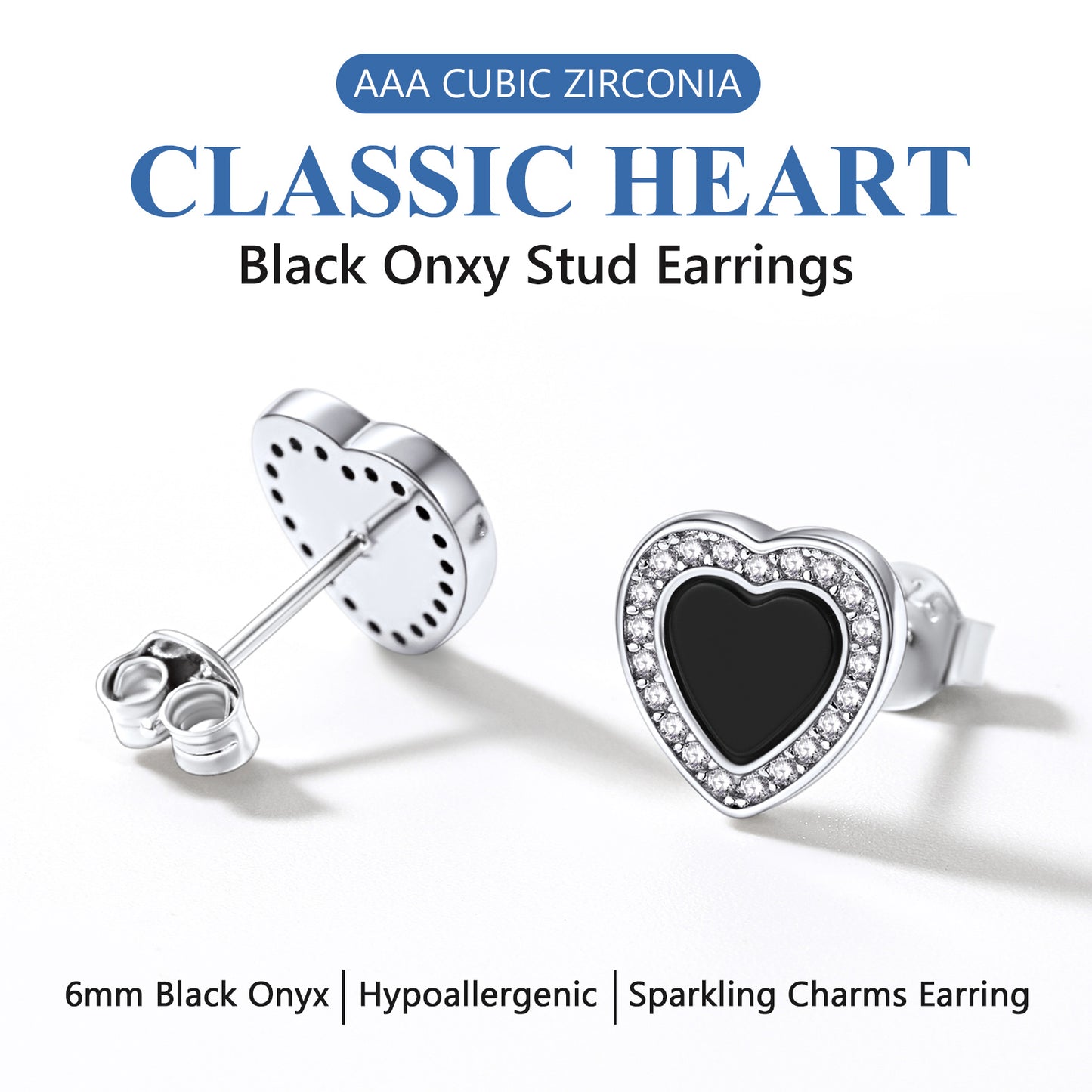 Black onyx heart stud earrings with AAA cubic zirconia on a white background