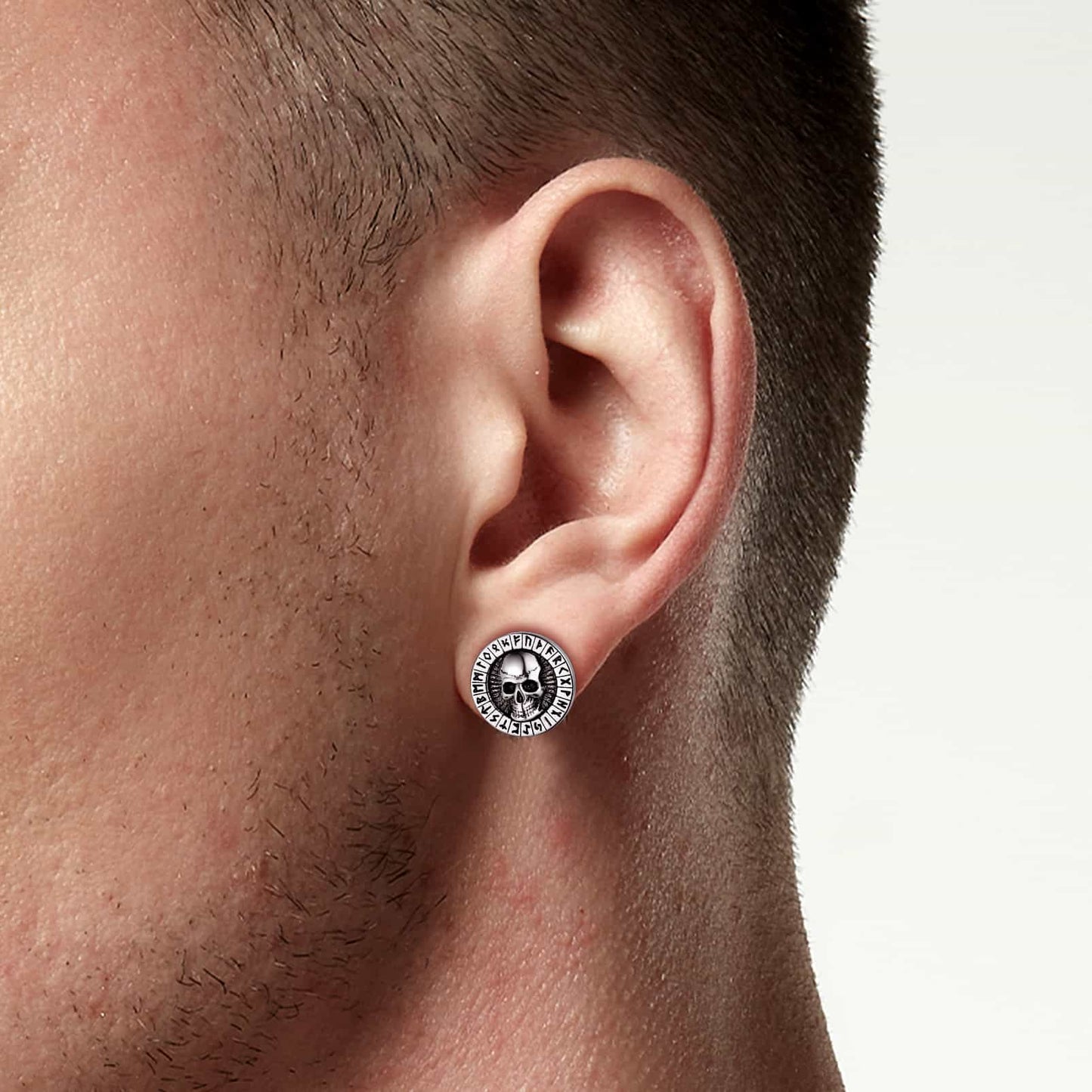 FaithHeart Skull Runes Sterling Silver Earrings For Men FaithHeart