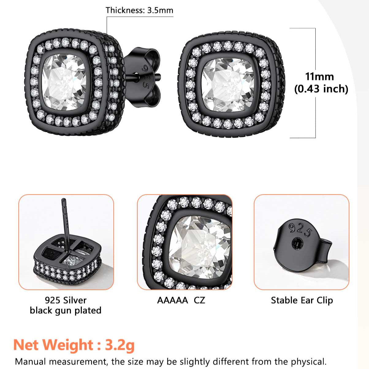 Black Gun Plated Sterling Silver CZ Stud Earrings, detail view