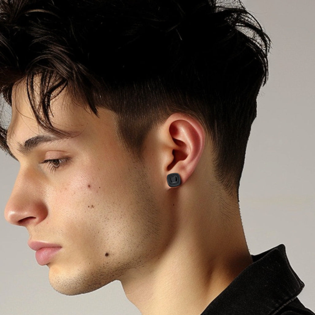 Man wearing Sterling Silver Cubic Zirconia Cushion Cut Stud Earrings