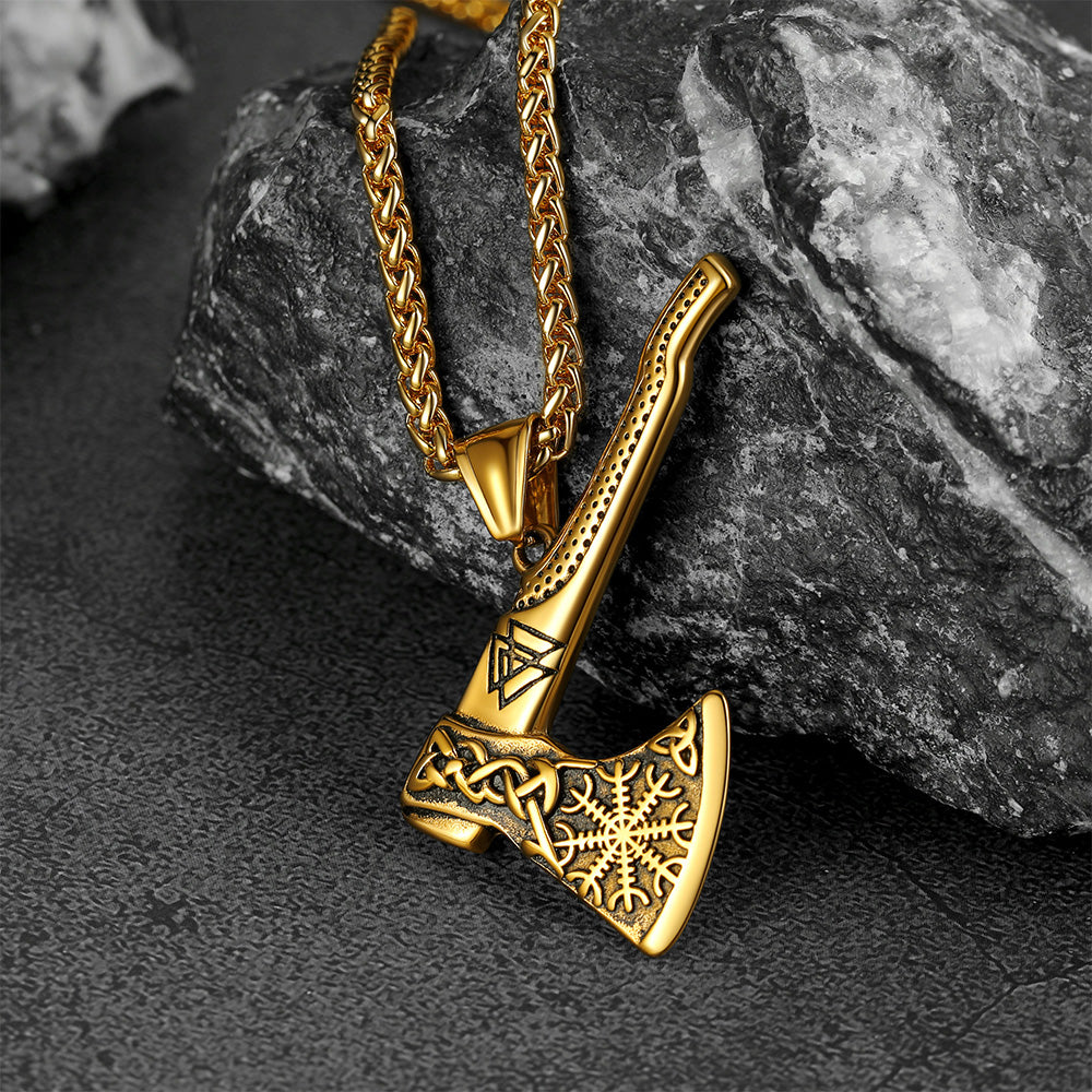 Gold Viking Axe Necklace With Compass for Men
