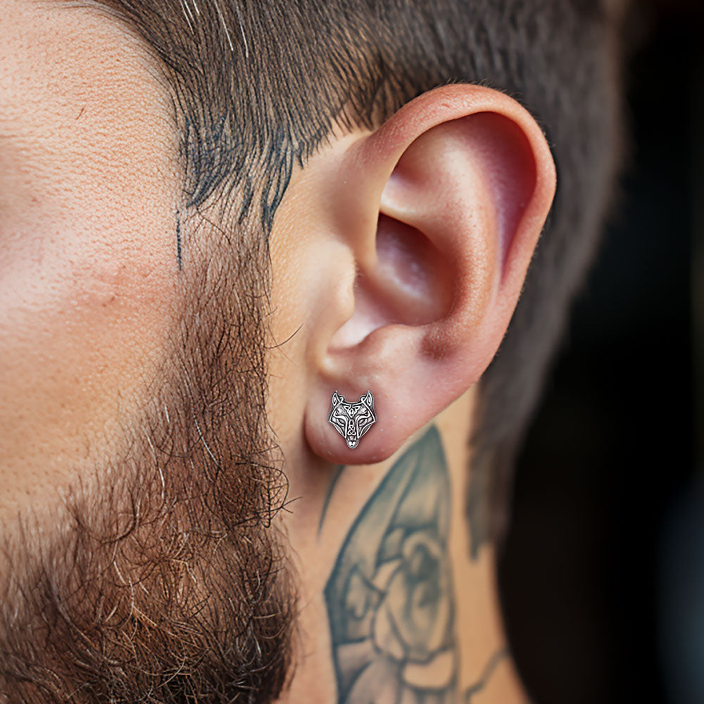 FaithHeart Sterling Silver Viking Celtic Wolf Stud Earrings For Men