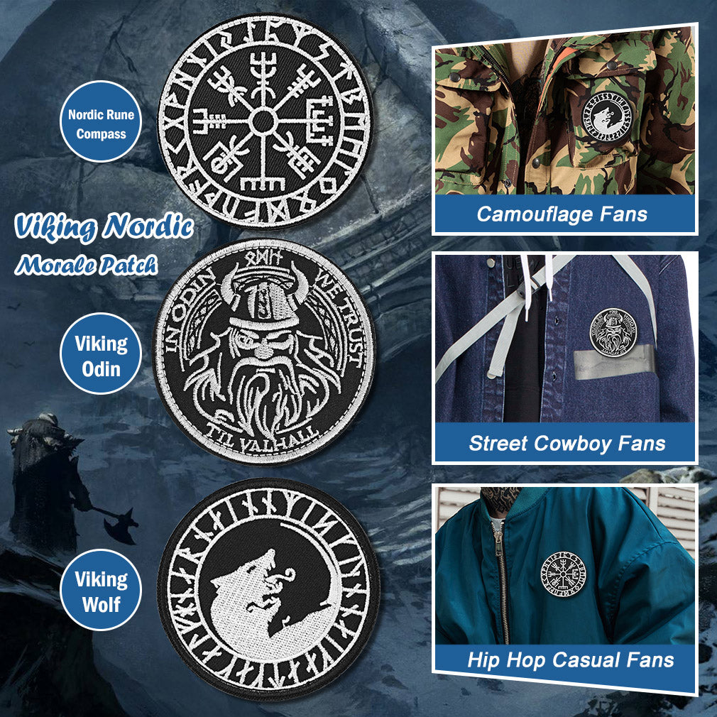 Norse Viking Compass Raven Badge Embroidered Applique Hook, 3 Pack