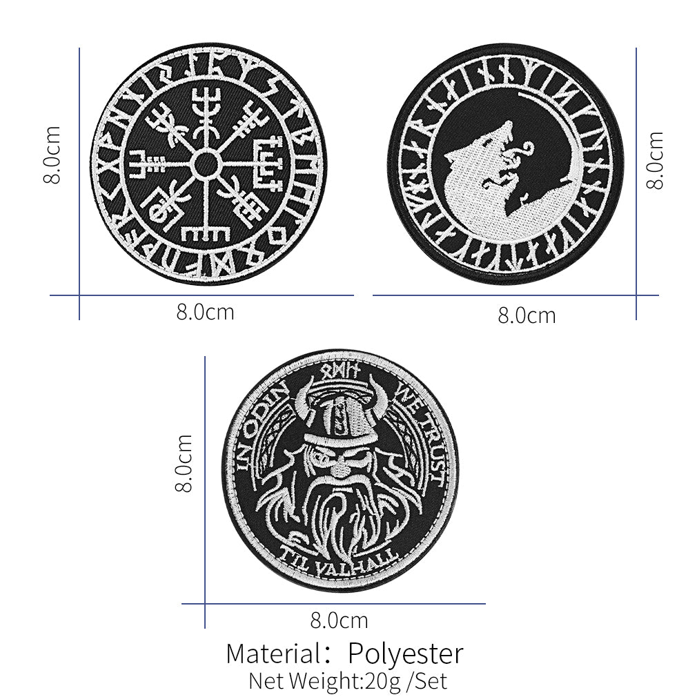 Norse Viking Compass Raven Badge Embroidered Applique Hook, 3 Pack