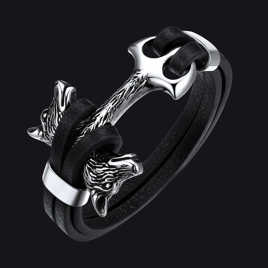 Viking Double Wolf Head Leather Bracelet for Menimg