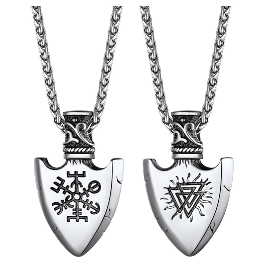Viking Gungnir Pendant Necklace with Valknut and Vegvisir symbolsimg