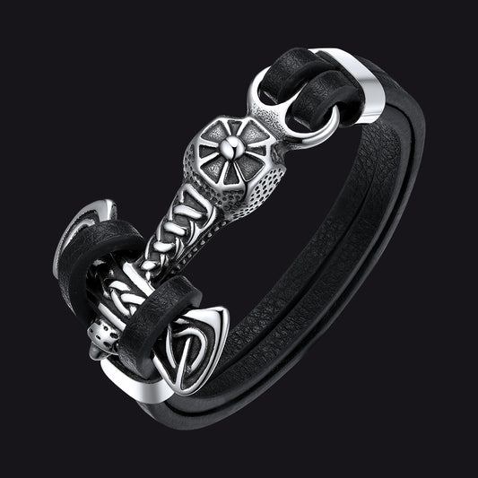 Viking Mjolnir Thor's Hammer Leather Bracelet for Menimg