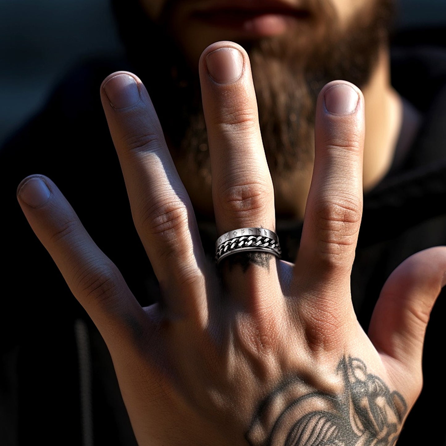 Viking Rune Chain Spinner Anxiety Ring for Men FaithHeart