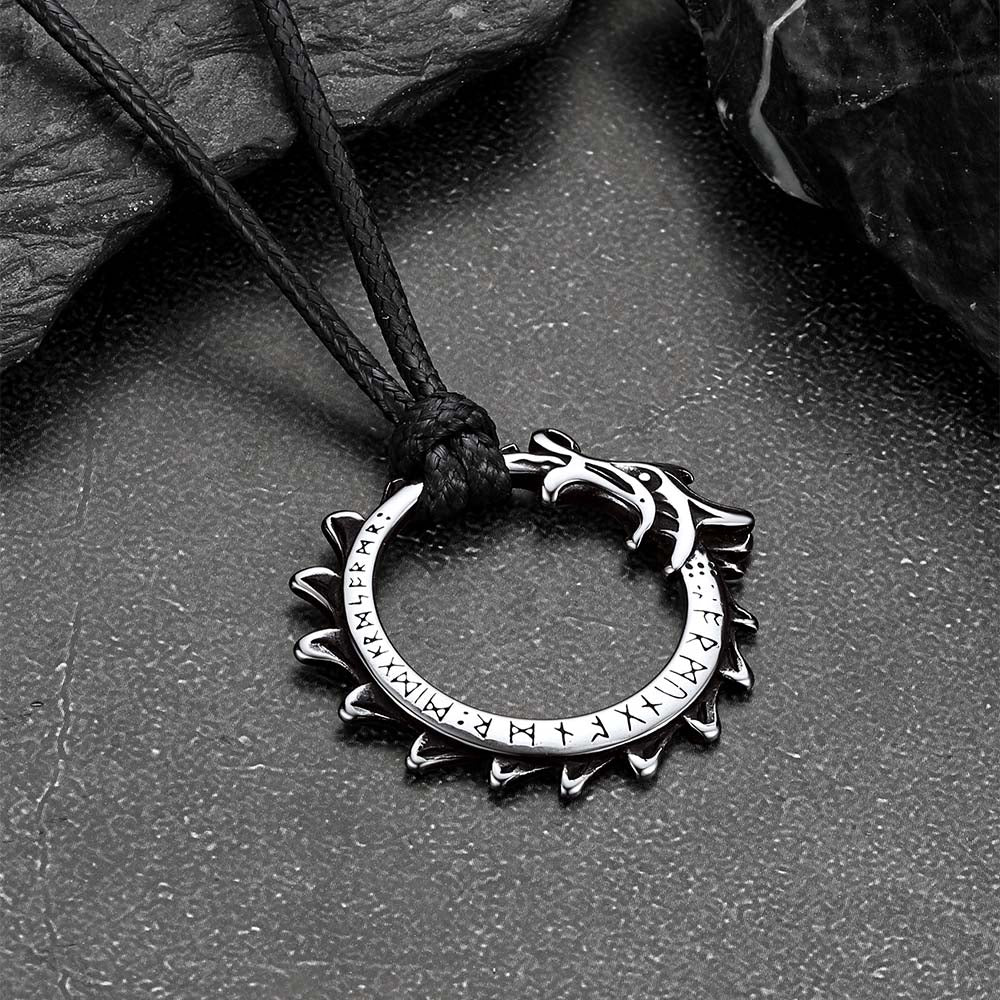 Viking Rune Gothic Dragon Head Leather Rope Necklace for Men