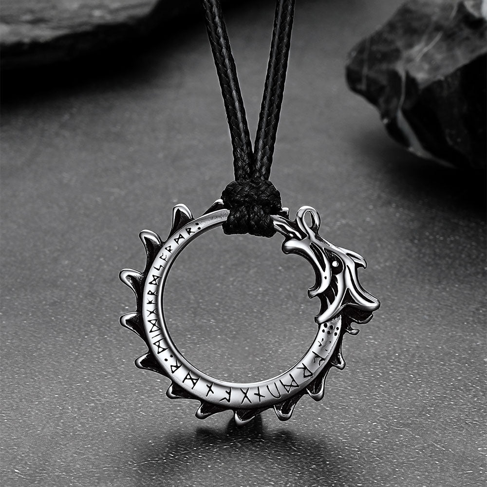 Viking Rune Gothic Dragon Head Leather Rope Necklace for Men