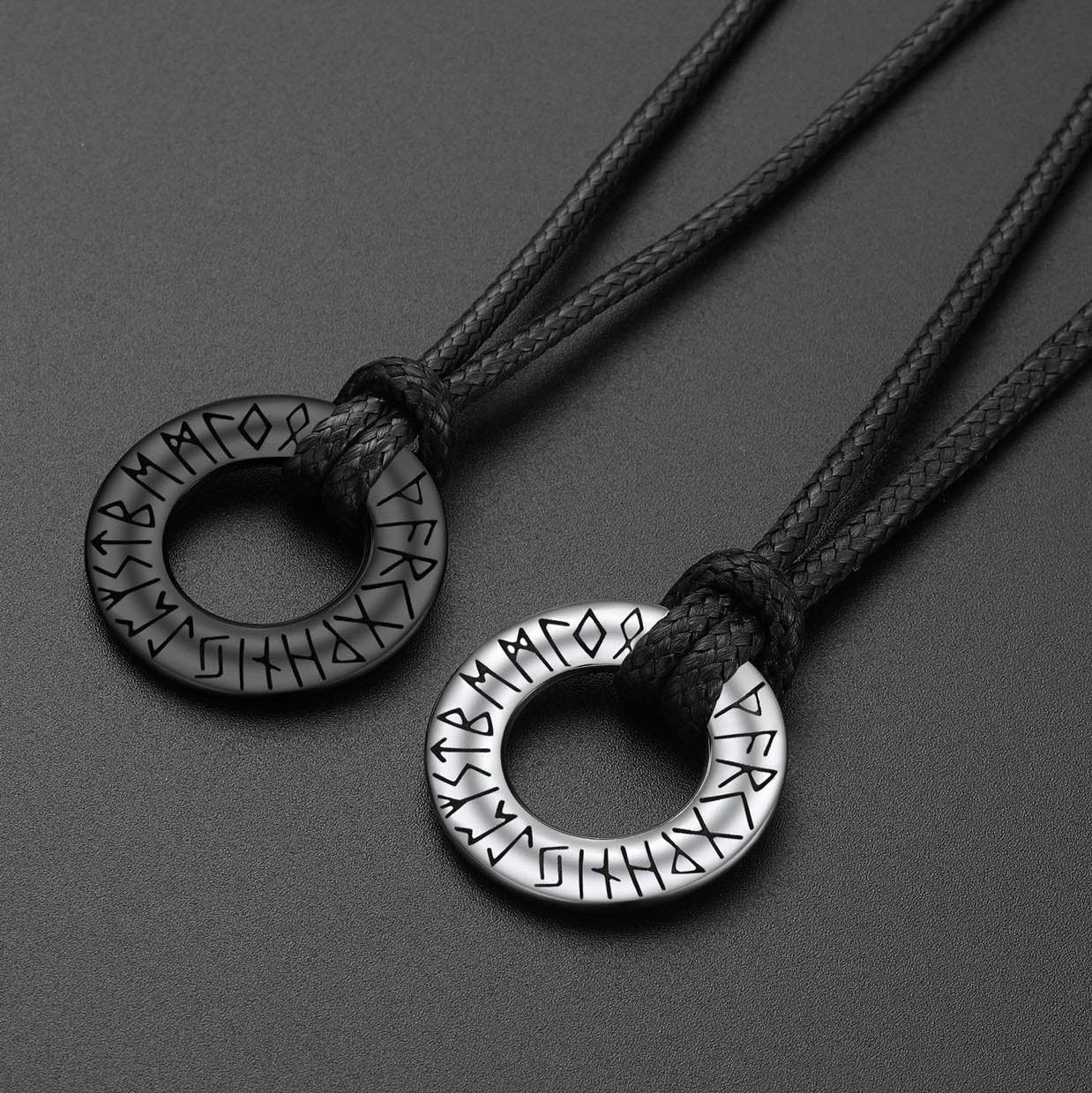Norse Viking Rune Circle Amulet Pendant Necklace, black and silver