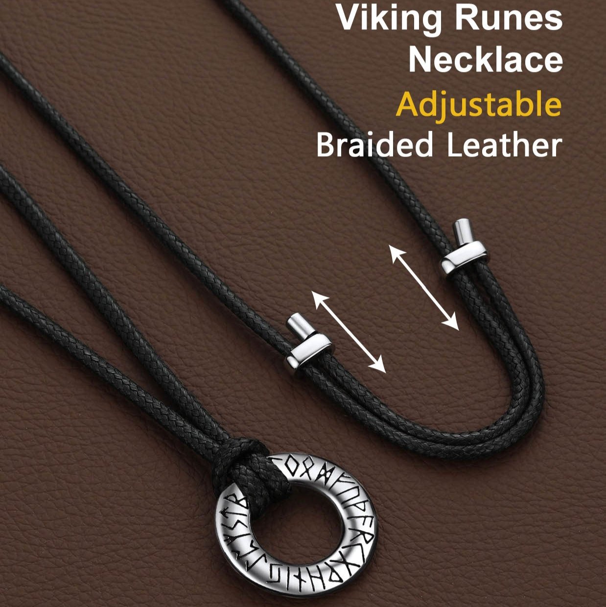 Norse Viking Rune Necklace with Adjustable Black Braided Leather Rope
