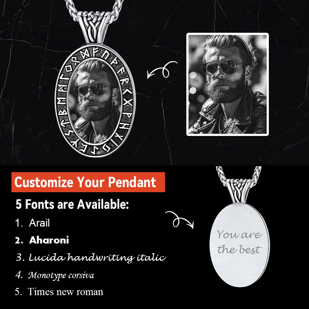 Customized Engraved Picture Necklace with Viking Runes FaithHeart