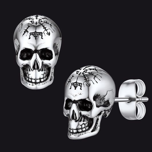 Sterling Silver Viking Skeleton Skull Stud Earrings for Men FaithHeart Jewelryimg