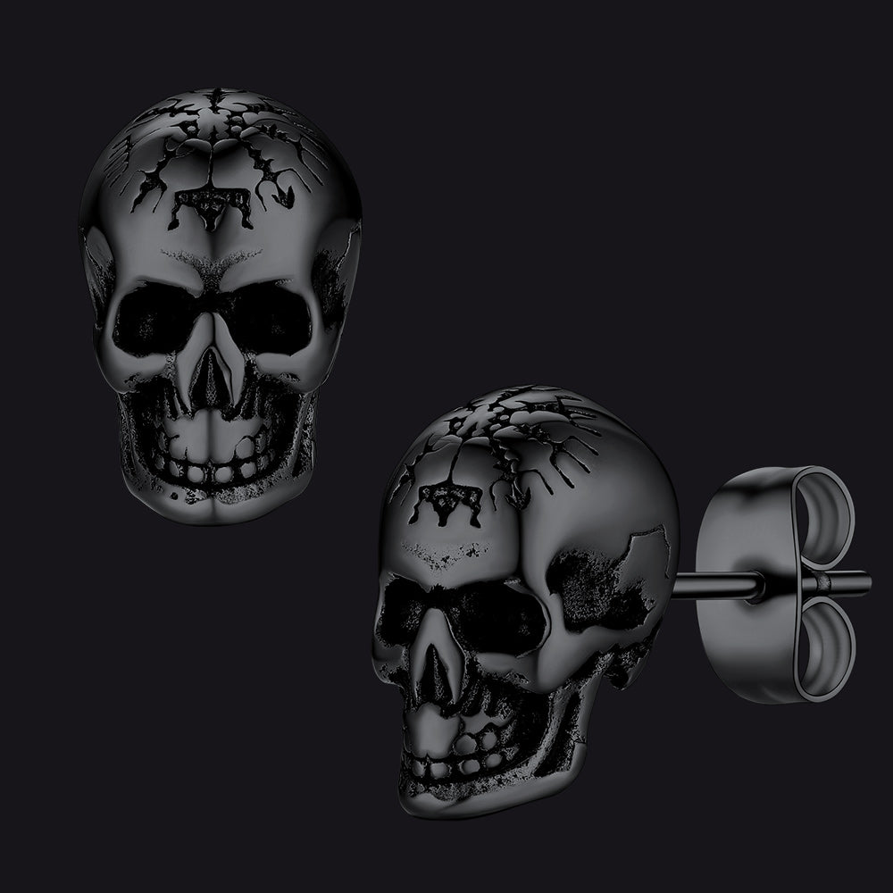 Viking Skeleton Skull Stud Earrings for Men - Black