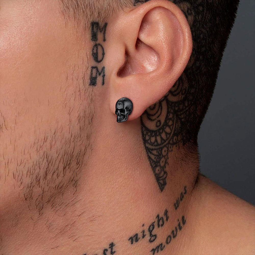 Sterling Silver Viking Skeleton Skull Stud Earrings for Men FaithHeart Jewelry