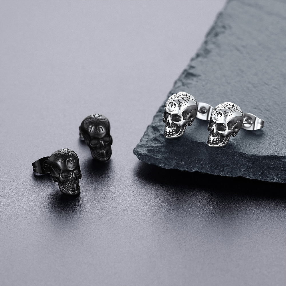 Sterling Silver Viking Skeleton Skull Stud Earrings for Men FaithHeart Jewelry
