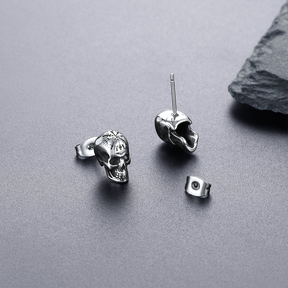 Sterling Silver Viking Skeleton Skull Stud Earrings for Men FaithHeart Jewelry