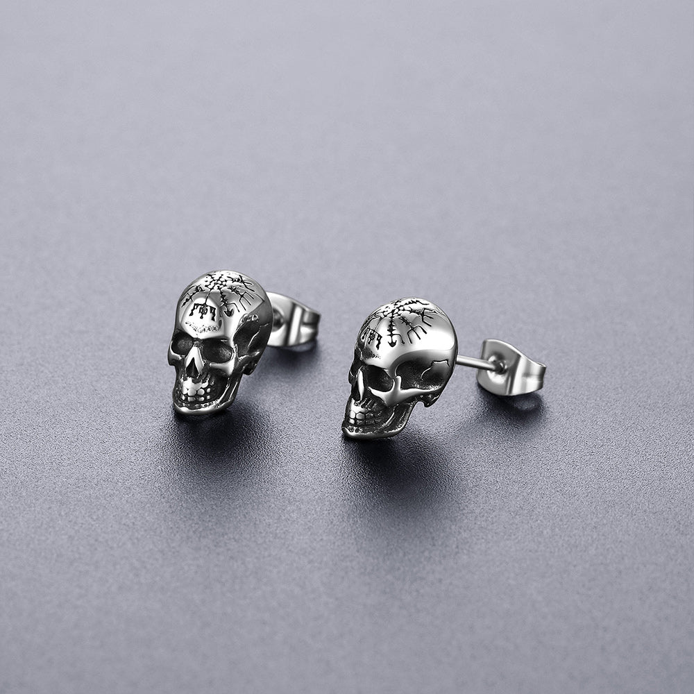 Sterling Silver Viking Skeleton Skull Stud Earrings for Men FaithHeart Jewelry