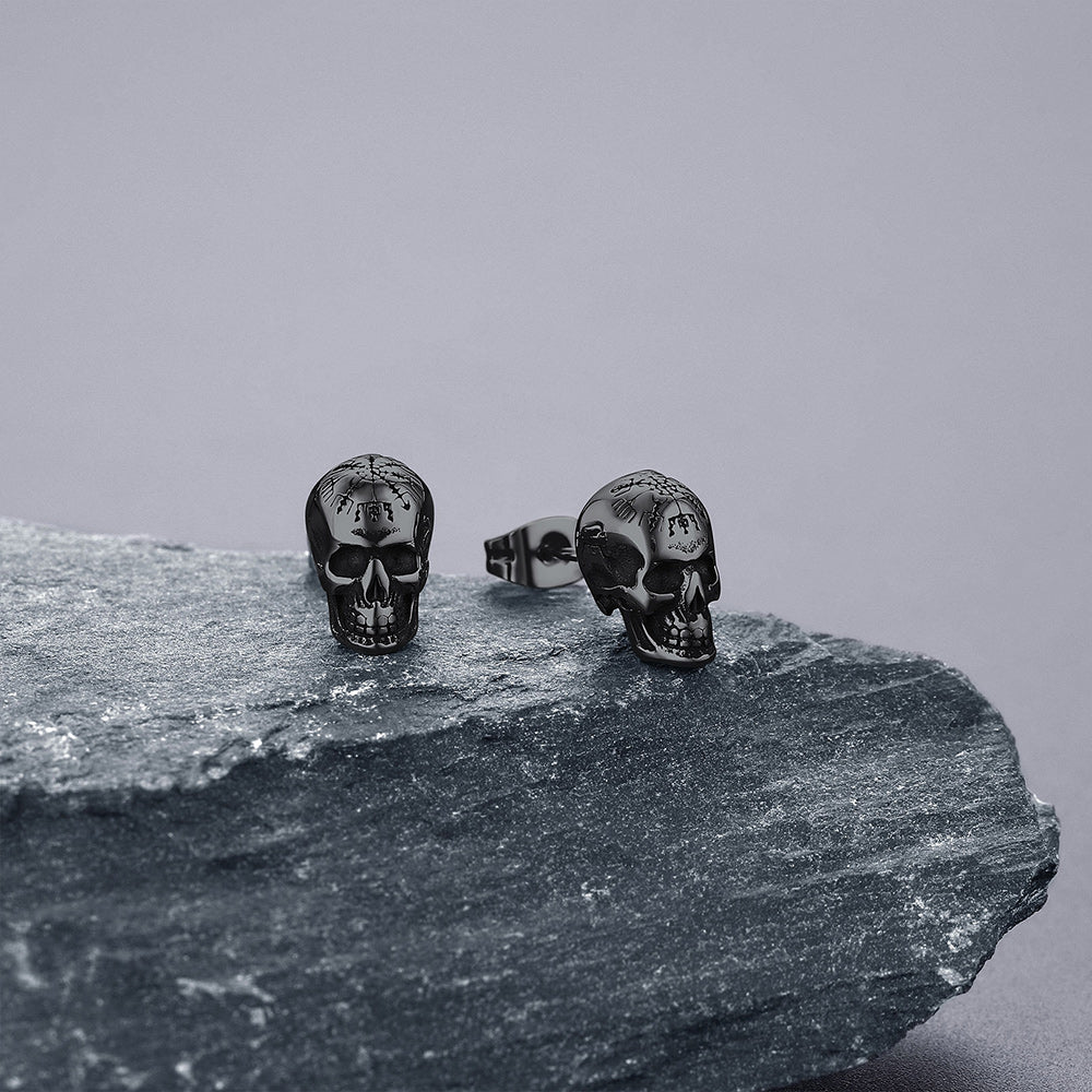 Sterling Silver Viking Skeleton Skull Stud Earrings for Men FaithHeart Jewelry