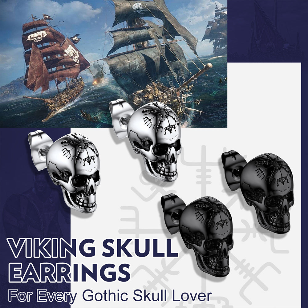 Sterling Silver Viking Skeleton Skull Stud Earrings for Men FaithHeart Jewelry