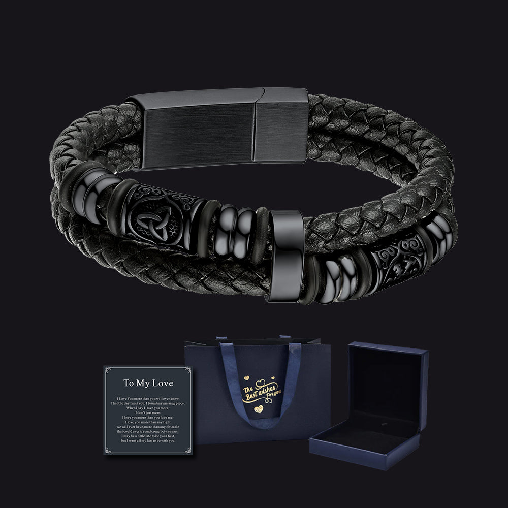 Viking Black Engraved Leather Braided Bracelet with Gift Box & Card Set