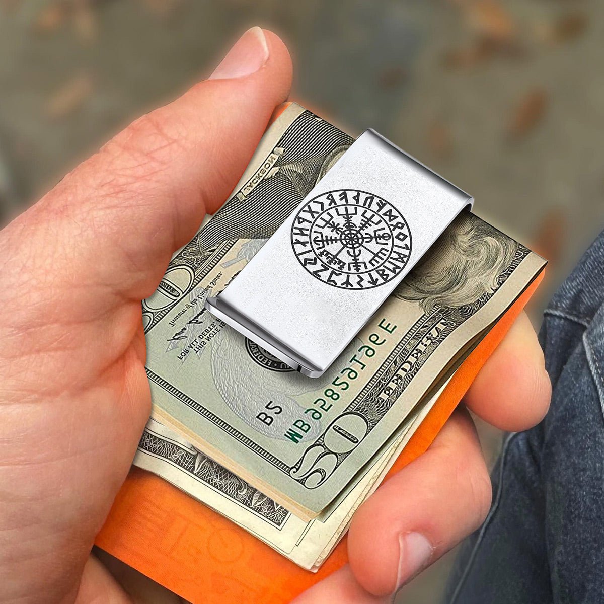 Viking Norse Rune Compass Money Clip holding cash