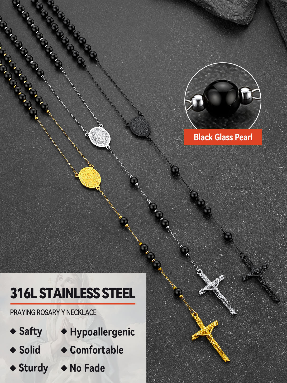 Stainless Steel Catholic Rosary Necklace with Black Glass Pearl