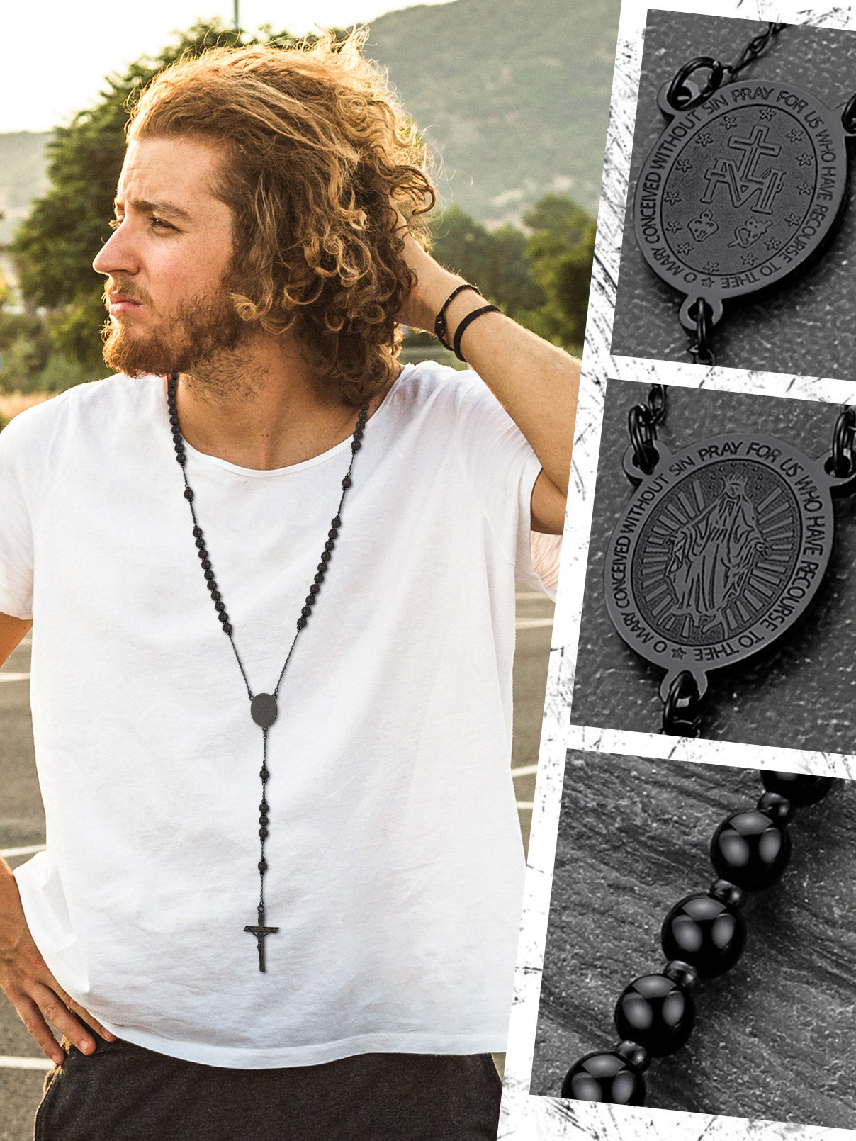 Man wearing Black Rosary Beads Necklace, Catholic Cross Pendant
