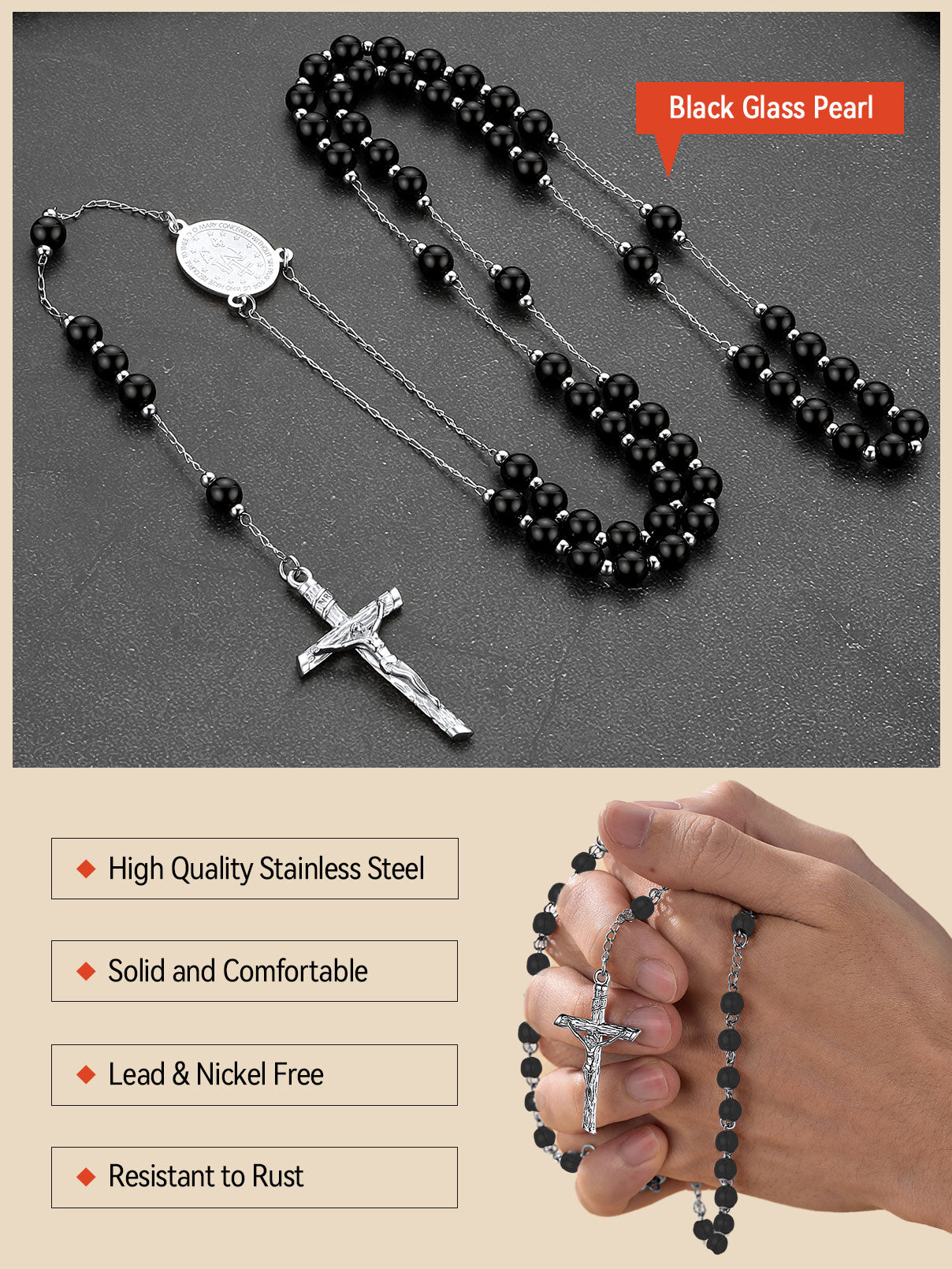 Black Glass Pearl Catholic Rosary Necklace